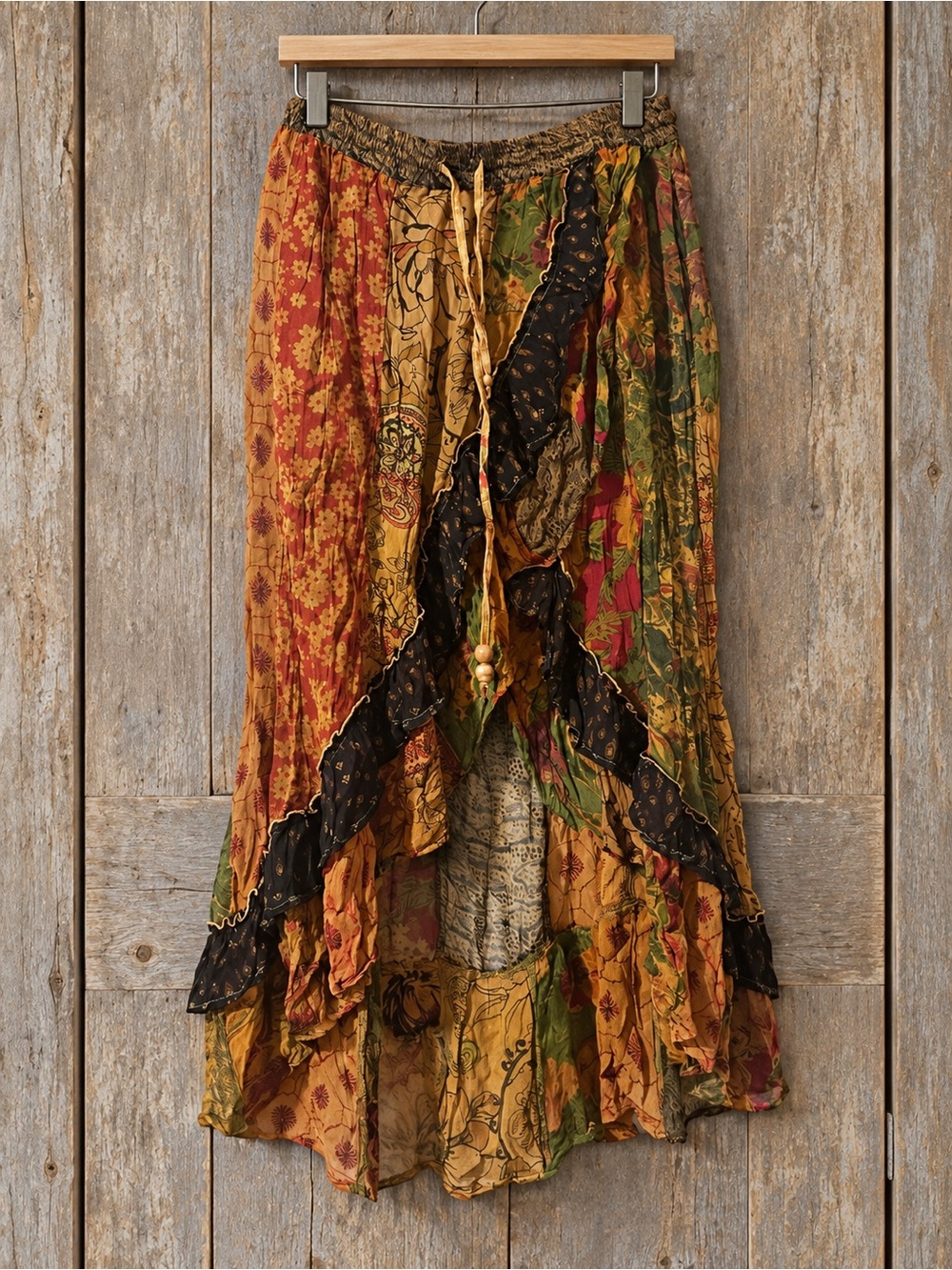 Boho Ruffled High-Low Patchwork Skirt in Mustard Multi - Picture 2 of 3